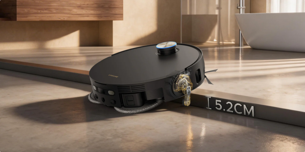 Aspirateur robot Dreame franchissant un seuil de 5,2 cm dans une salle de bains