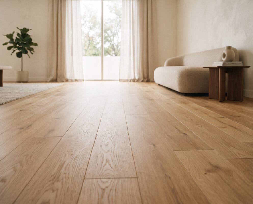 Parquet en chêne clair dans un salon lumineux, vue au ras du sol
