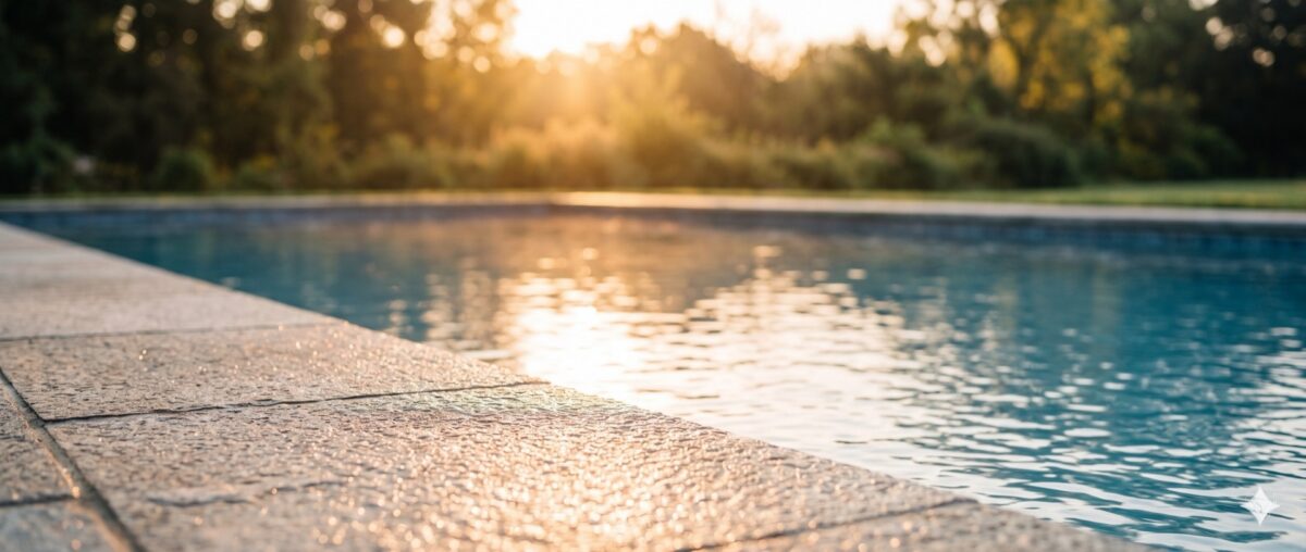 Margelle et surface d'une piscine au soleil couchant